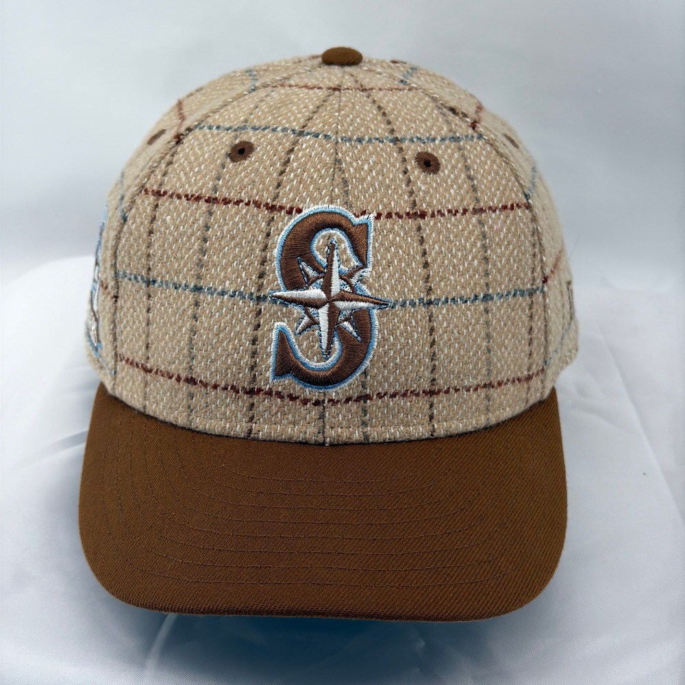 New Era Seattle Mariners Hat Mens 7 5/8 Tan Plaid Wool 59FIFTY Fitted 30th Patch